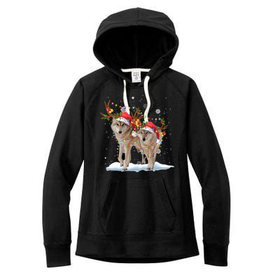 Wolf Christmas Santa Hat Tree Lights Xmas Funny Wolf Gift Women's Fleece Hoodie