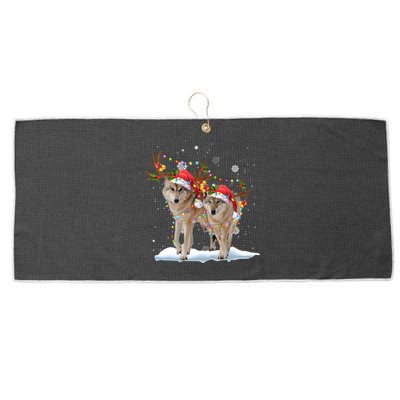 Wolf Christmas Santa Hat Tree Lights Xmas Funny Wolf Gift Large Microfiber Waffle Golf Towel