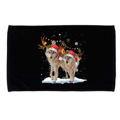 Wolf Christmas Santa Hat Tree Lights Xmas Funny Wolf Gift Microfiber Hand Towel