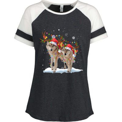 Wolf Christmas Santa Hat Tree Lights Xmas Funny Wolf Gift Enza Ladies Jersey Colorblock Tee