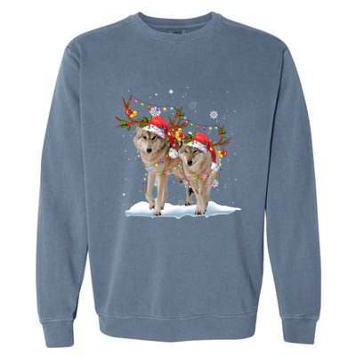 Wolf Christmas Santa Hat Tree Lights Xmas Funny Wolf Gift Garment-Dyed Sweatshirt