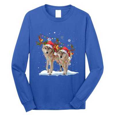 Wolf Christmas Santa Hat Tree Lights Xmas Funny Wolf Gift Long Sleeve Shirt