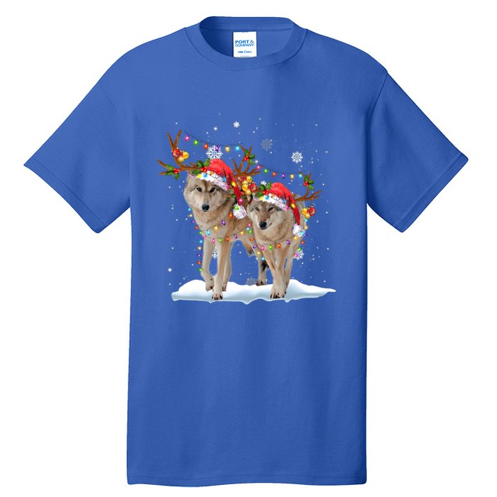 Wolf Christmas Santa Hat Tree Lights Xmas Funny Wolf Gift Tall T-Shirt