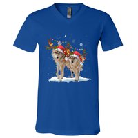 Wolf Christmas Santa Hat Tree Lights Xmas Funny Wolf Gift V-Neck T-Shirt