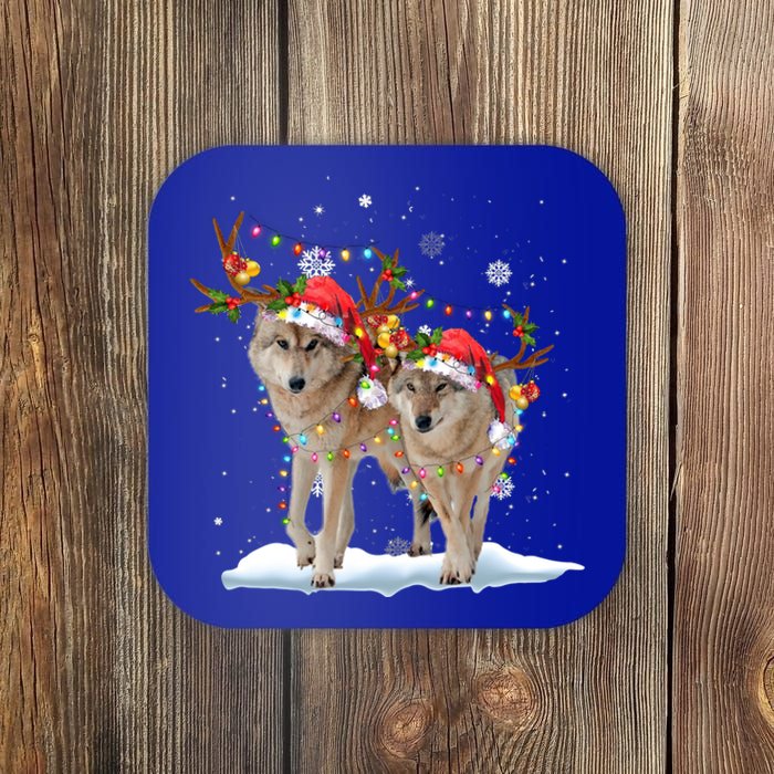 Wolf Christmas Santa Hat Tree Lights Xmas Funny Wolf Gift Coaster