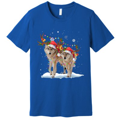 Wolf Christmas Santa Hat Tree Lights Xmas Funny Wolf Gift Premium T-Shirt