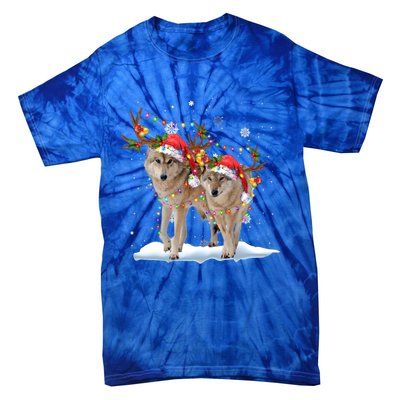 Wolf Christmas Santa Hat Tree Lights Xmas Funny Wolf Gift Tie-Dye T-Shirt