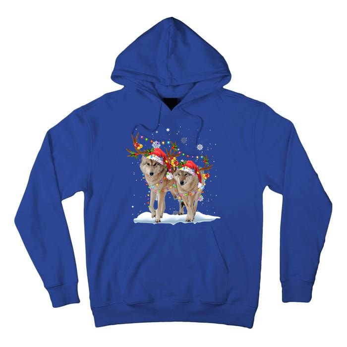 Wolf Christmas Santa Hat Tree Lights Xmas Funny Wolf Gift Tall Hoodie