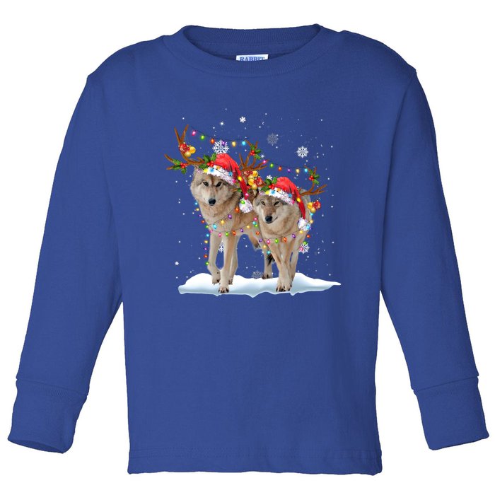 Wolf Christmas Santa Hat Tree Lights Xmas Funny Wolf Gift Toddler Long Sleeve Shirt