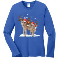 Wolf Christmas Santa Hat Tree Lights Xmas Funny Wolf Gift Ladies Long Sleeve Shirt