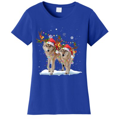 Wolf Christmas Santa Hat Tree Lights Xmas Funny Wolf Gift Women's T-Shirt