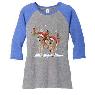 Wolf Christmas Santa Hat Tree Lights Xmas Funny Wolf Gift Women's Tri-Blend 3/4-Sleeve Raglan Shirt