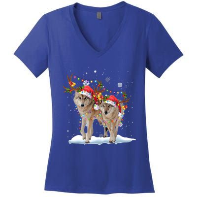 Wolf Christmas Santa Hat Tree Lights Xmas Funny Wolf Gift Women's V-Neck T-Shirt