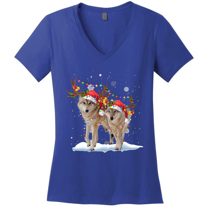 Wolf Christmas Santa Hat Tree Lights Xmas Funny Wolf Gift Women's V-Neck T-Shirt