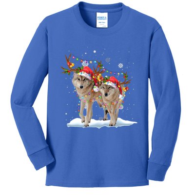 Wolf Christmas Santa Hat Tree Lights Xmas Funny Wolf Gift Kids Long Sleeve Shirt