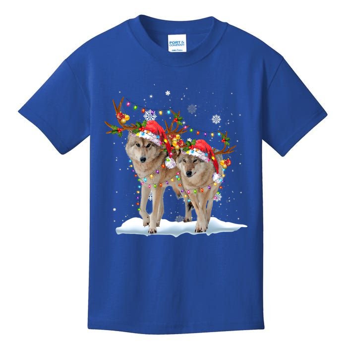 Wolf Christmas Santa Hat Tree Lights Xmas Funny Wolf Gift Kids T-Shirt