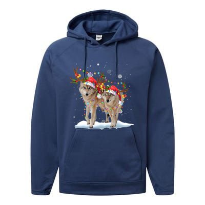 Wolf Christmas Santa Hat Tree Lights Xmas Funny Wolf Gift Performance Fleece Hoodie