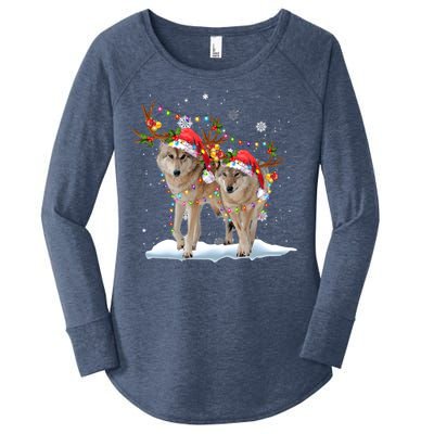 Wolf Christmas Santa Hat Tree Lights Xmas Funny Wolf Gift Women's Perfect Tri Tunic Long Sleeve Shirt