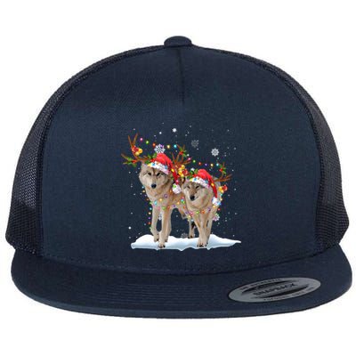 Wolf Christmas Santa Hat Tree Lights Xmas Funny Wolf Gift Flat Bill Trucker Hat