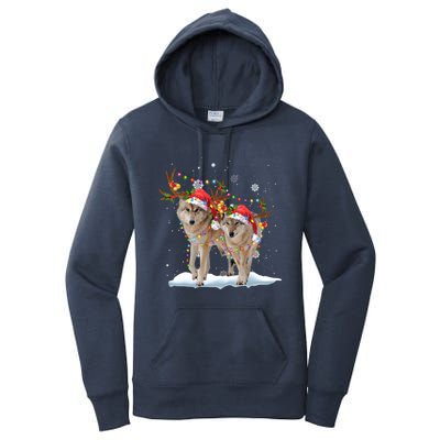 Wolf Christmas Santa Hat Tree Lights Xmas Funny Wolf Gift Women's Pullover Hoodie