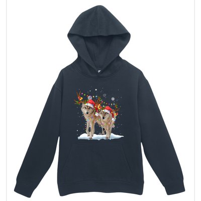 Wolf Christmas Santa Hat Tree Lights Xmas Funny Wolf Gift Urban Pullover Hoodie