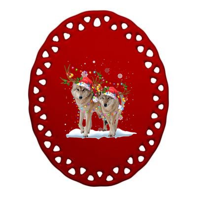 Wolf Christmas Santa Hat Tree Lights Xmas Funny Wolf Gift Ceramic Oval Ornament