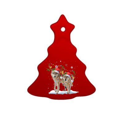 Wolf Christmas Santa Hat Tree Lights Xmas Funny Wolf Gift Ceramic Tree Ornament