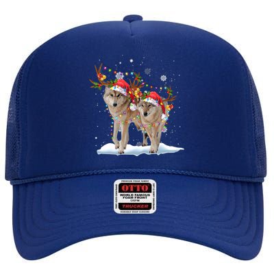 Wolf Christmas Santa Hat Tree Lights Xmas Funny Wolf Gift High Crown Mesh Back Trucker Hat