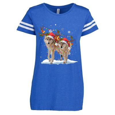 Wolf Christmas Santa Hat Tree Lights Xmas Funny Wolf Gift Enza Ladies Jersey Football T-Shirt