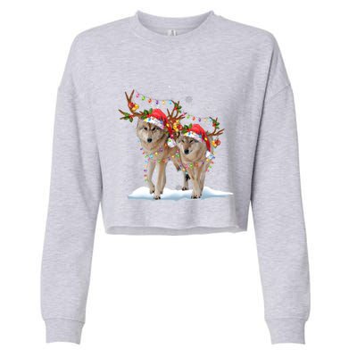 Wolf Christmas Santa Hat Tree Lights Xmas Funny Wolf Gift Cropped Pullover Crew