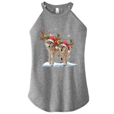 Wolf Christmas Santa Hat Tree Lights Xmas Funny Wolf Gift Women's Perfect Tri Rocker Tank