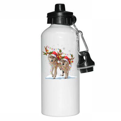 Wolf Christmas Santa Hat Tree Lights Xmas Funny Wolf Gift Aluminum Water Bottle