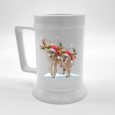 Wolf Christmas Santa Hat Tree Lights Xmas Funny Wolf Gift Beer Stein