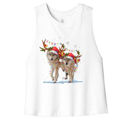 Wolf Christmas Santa Hat Tree Lights Xmas Funny Wolf Gift Women's Racerback Cropped Tank