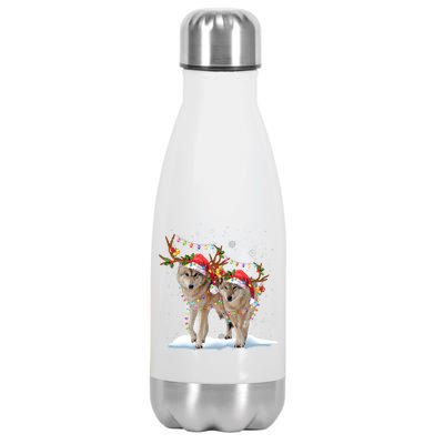 Wolf Christmas Santa Hat Tree Lights Xmas Funny Wolf Gift Stainless Steel Insulated Water Bottle