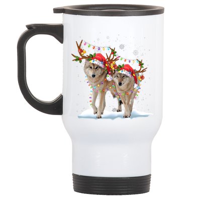 Wolf Christmas Santa Hat Tree Lights Xmas Funny Wolf Gift Stainless Steel Travel Mug