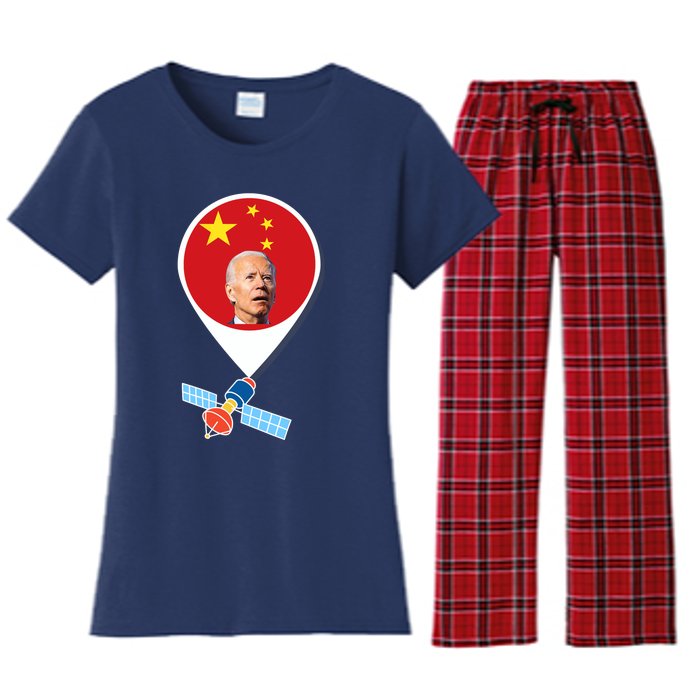 Wo Chinese Spy Balloon Funny Surveillance Joe Biden China Flag V-Neck Women's Flannel Pajama Set