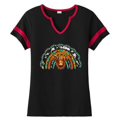 Western Cowhide Serape Turquoise Sunflowers Ladies Halftime Notch Neck Tee