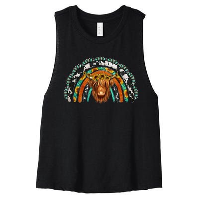 Western Cowhide Serape Turquoise Sunflowers Women's Racerback Cropped Tank