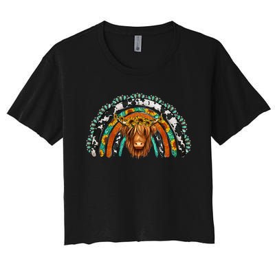 Western Cowhide Serape Turquoise Sunflowers Women's Crop Top Tee