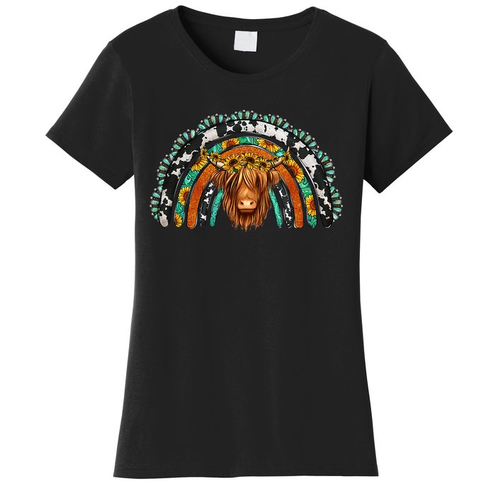 Western Cowhide Serape Turquoise Sunflowers Women's T-Shirt