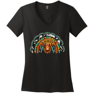 Western Cowhide Serape Turquoise Sunflowers Women's V-Neck T-Shirt