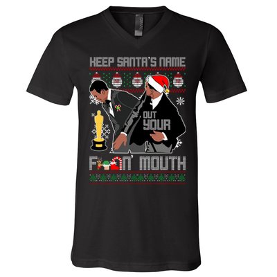 Will Chris Slap Award Show Keep Santa's Name Out Your Mouth Ugly Christmas V-Neck T-Shirt