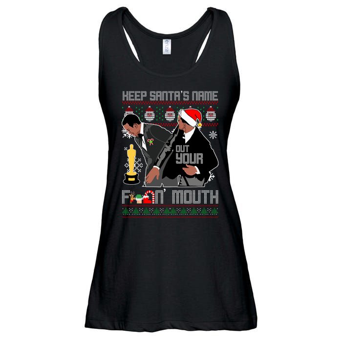 Will Chris Slap Award Show Keep Santa's Name Out Your Mouth Ugly Christmas Ladies Essential Flowy Tank