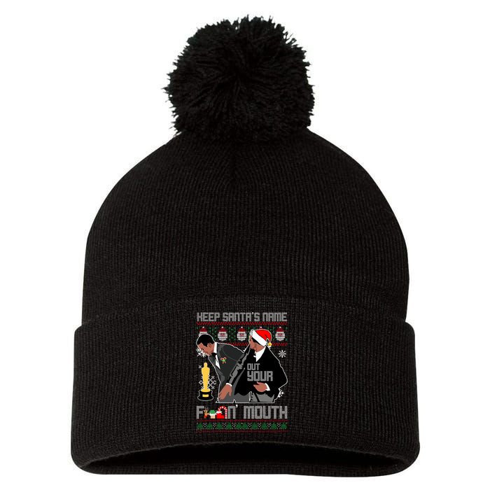 Will Chris Slap Award Show Keep Santa's Name Out Your Mouth Ugly Christmas Pom Pom 12in Knit Beanie