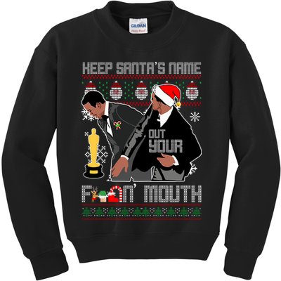 Will Chris Slap Award Show Keep Santa's Name Out Your Mouth Ugly Christmas Kids Sweatshirt