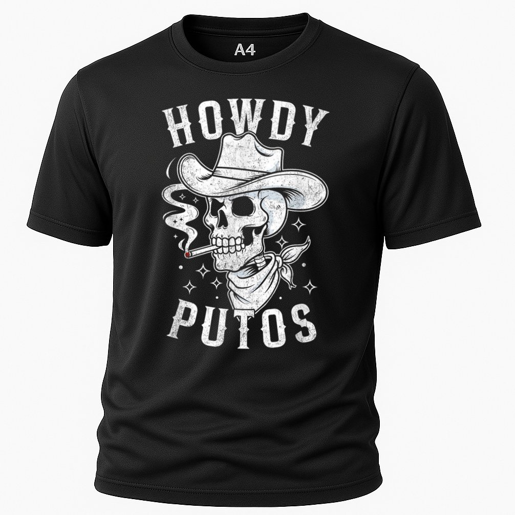 Western Cowboy Skull Hola Howdy Putos Spanish Slang Cooling Performance Crew T-Shirt
