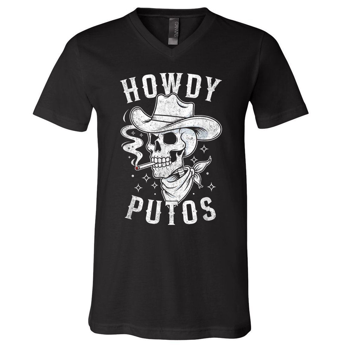 Western Cowboy Skull Hola Howdy Putos Spanish Slang V-Neck T-Shirt
