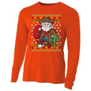 Western Cow Santa Claus Ugly Christmas Sweater Pattern Cool Gift Cooling Performance Long Sleeve Crew