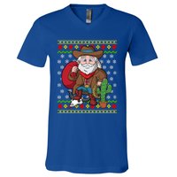 Western Cow Santa Claus Ugly Christmas Sweater Pattern Cool Gift V-Neck T-Shirt